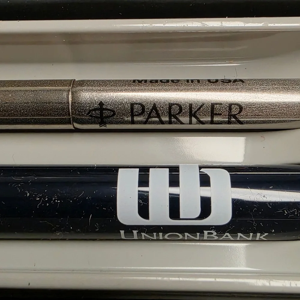 Parker Rollerball Pens, Set of 2, Vector Union Bank, Blue Silver, Black ink, USA